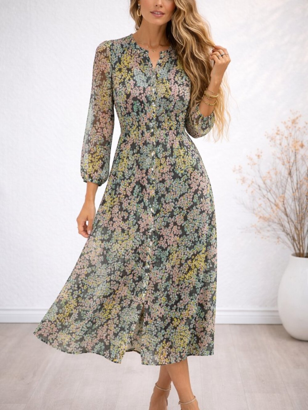 LOFT Floral Midi Dress Size 8 Boho Cottagecore Sheer Sleeve Button Front Lined